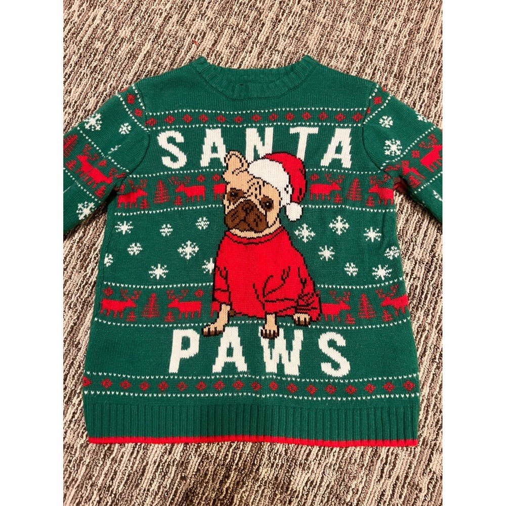 Holiday Time Kids Santa Paws Pug Christmas Sweater Green Reindeer Size M 8